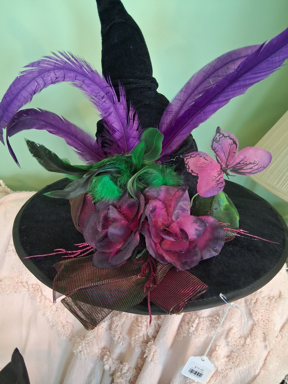 Black Witch Hat with Purple Feathers and Pink Floral Accents